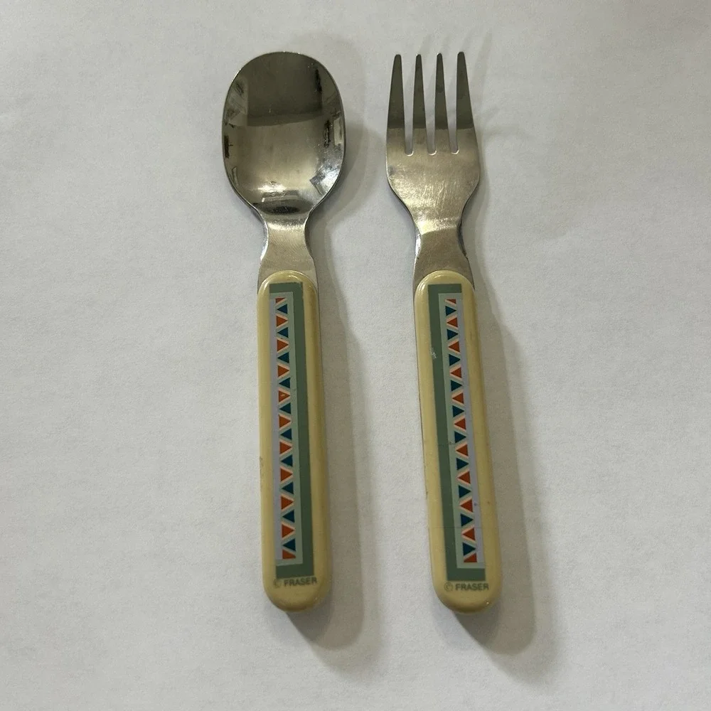 Fraser Kids 2pc Stainless Steel Spoon & Fork Set Beige Geometric Plastic Handles